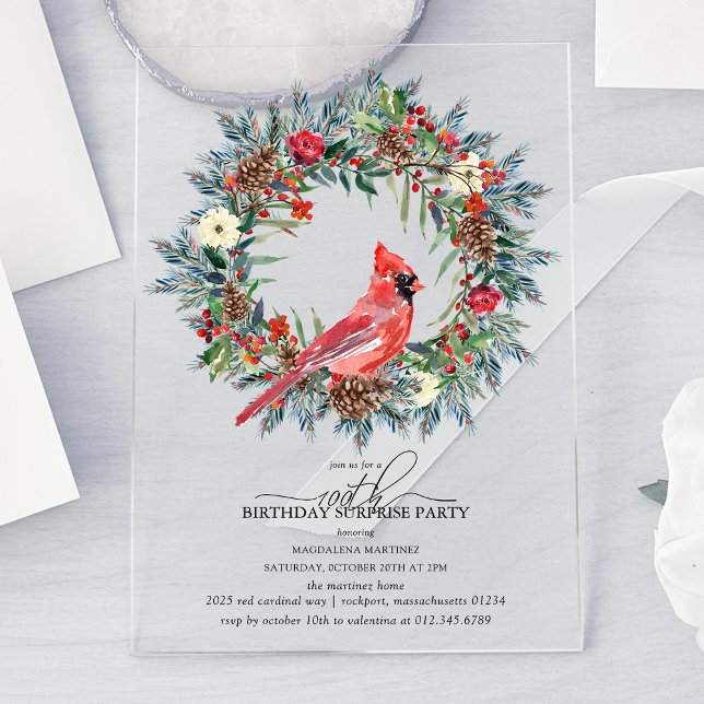 SURPRISE PARTY 100th Birthday Cardinal Wreath Acrylic Invitations (Creator Uploaded)