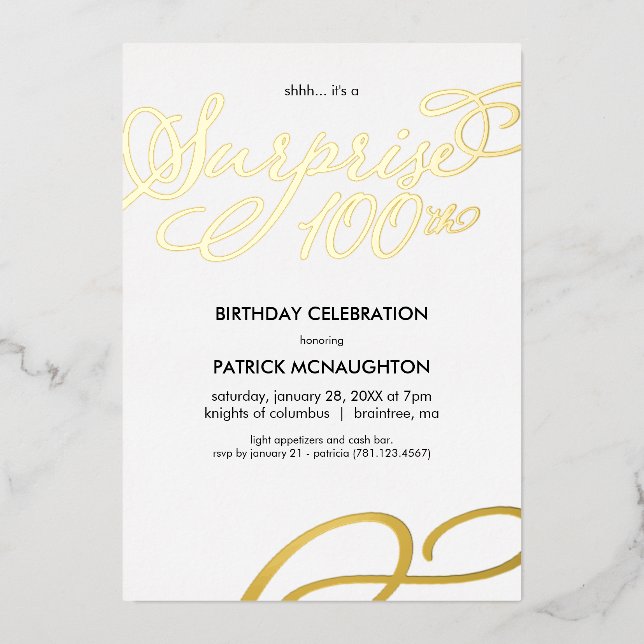 Surprise Party 100th Birthday Gold Foil Invitation (Front)