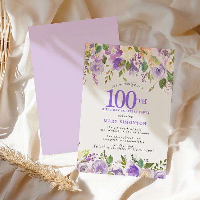 SURPRISE PARTY 100th Birthday Pretty Purple Floral Invitation (Creator Uploaded)