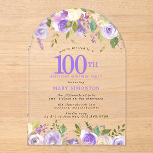 SURPRISE PARTY 100th Birthday Purple Floral Clear Acrylic Invitations