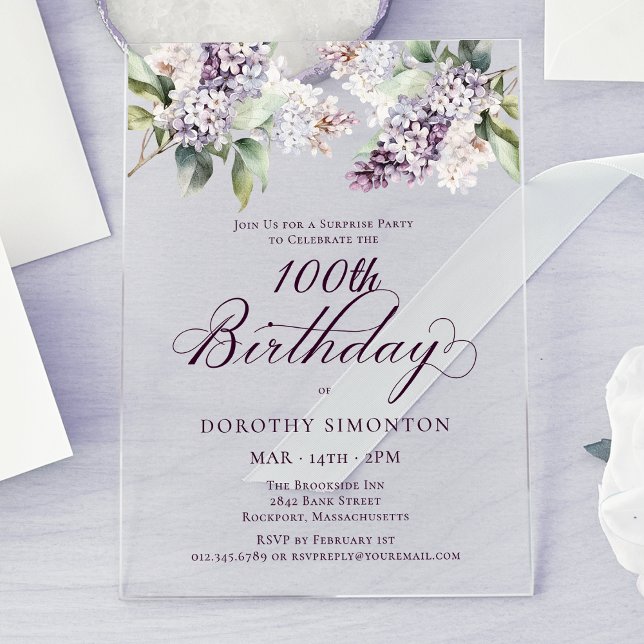 SURPRISE PARTY 100th Birthday Purple Lilac Floral Acrylic Invitations (Creator Uploaded)