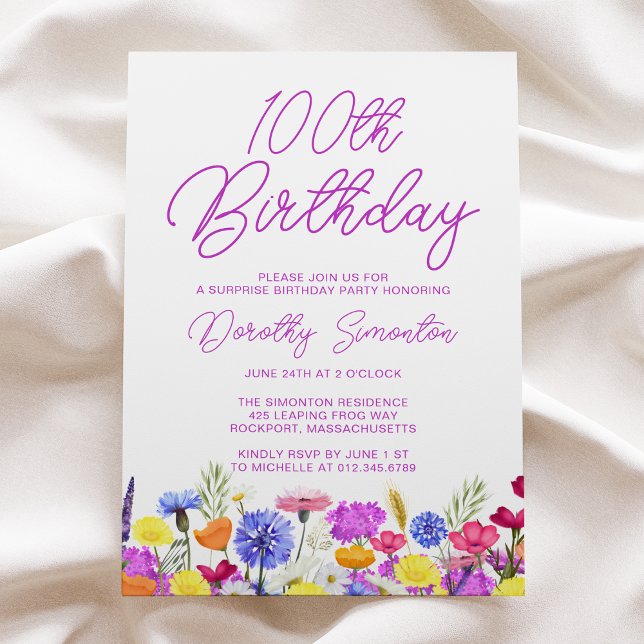 SURPRISE PARTY 100TH Birthday Purple Wildflower Invitation (Creator Uploaded)