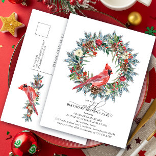 SURPRISE PARTY 100th Birthday Red Cardinal Wreath Invitation Postcard