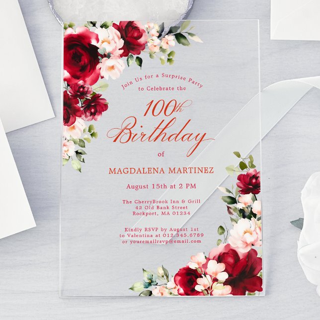 SURPRISE PARTY 100th Birthday Red Rose Pink Peony  Acrylic Invitations (Creator Uploaded)