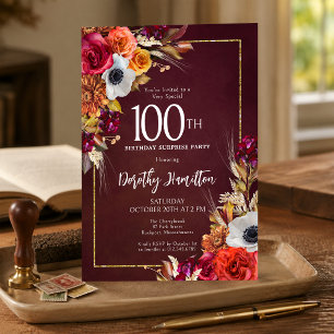SURPRISE PARTY 100th Burgundy Fall Flowers Invitation