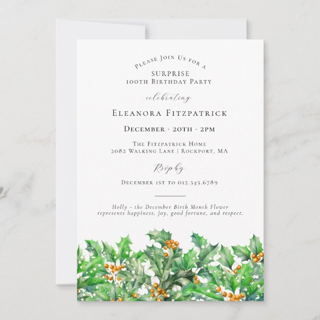 SURPRISE PARTY 100th Holly December Birth Flower Invitation (Front)