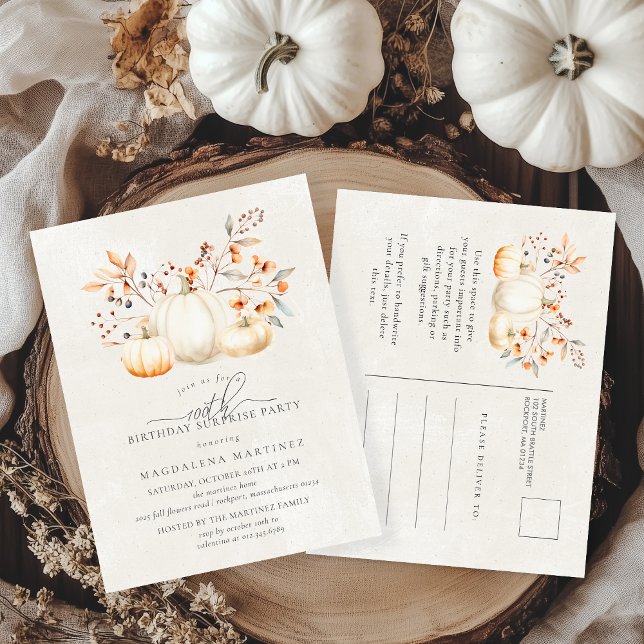 SURPRISE PARTY 100th White Pumpkin Fall Leaves Invitation Postcard (Creator Uploaded)