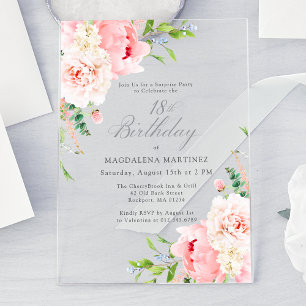 SURPRISE PARTY 18th Birthday Pink Peony Floral Acrylic Invitations
