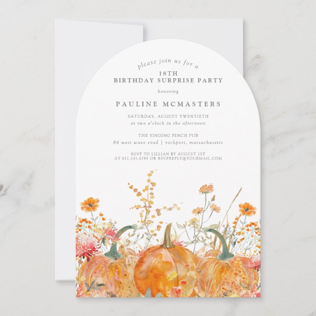 SURPRISE PARTY 18th Birthday Pumpkin Wildflower Invitation (Front)