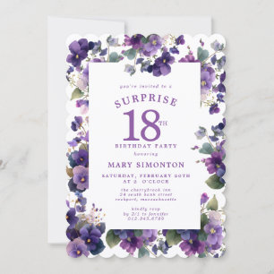 SURPRISE PARTY 18th Birthday Purple Violet Floral Invitation