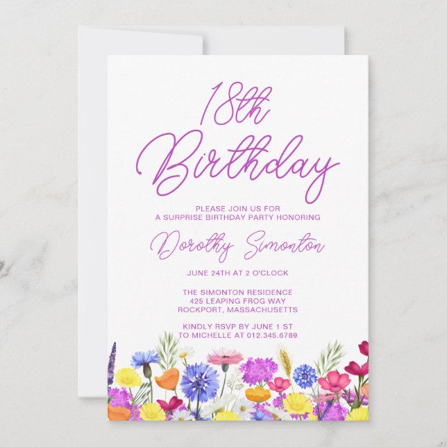 SURPRISE PARTY 18th Birthday Purple Wildflower Invitation (Front)