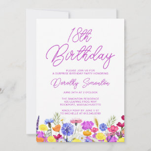 SURPRISE PARTY 18th Birthday Purple Wildflower Invitation