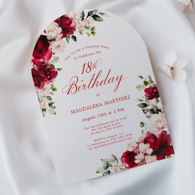 SURPRISE PARTY 18th Birthday Red Pink Floral Arch Invitation (Creator Uploaded)