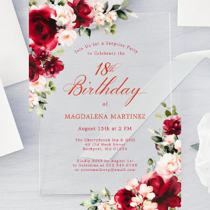 SURPRISE PARTY 18th Birthday Red Rose Pink Peony Acrylic Invitations