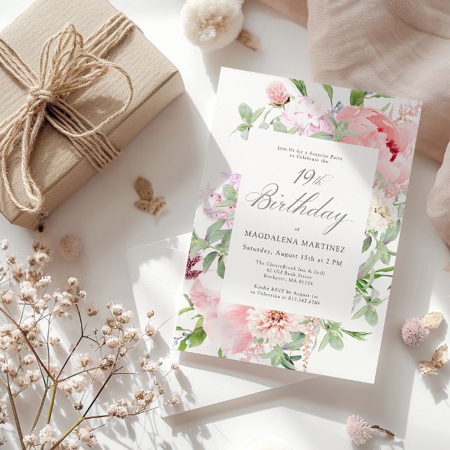 SURPRISE PARTY 19th Birthday Elegant Pink Peony Invitation (Creator Uploaded)
