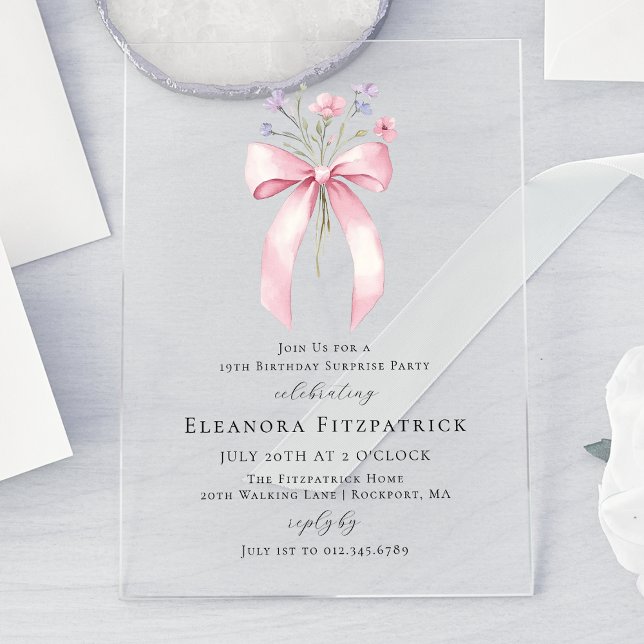SURPRISE PARTY 19th Birthday Pink Bow Wildflower Acrylic Invitations (Creator Uploaded)