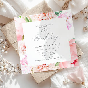 SURPRISE PARTY 19th Birthday Pink Floral Square Invitation
