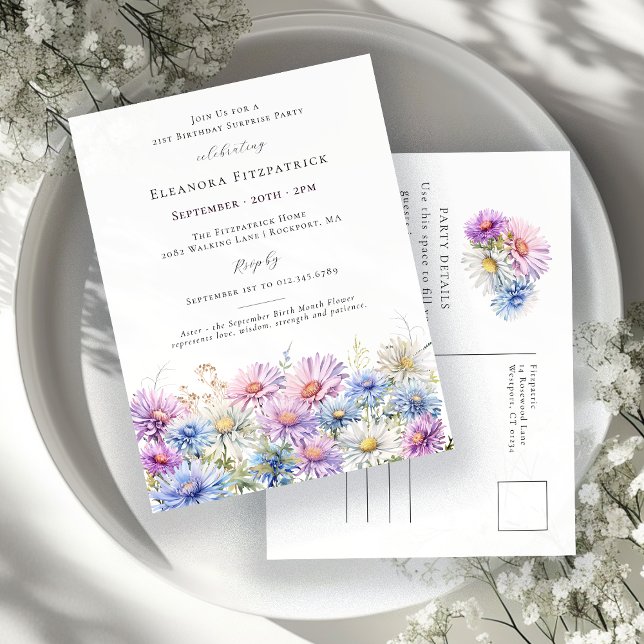 SURPRISE PARTY 21 Birthday September Birth Flower Invitation Postcard (Creator Uploaded)