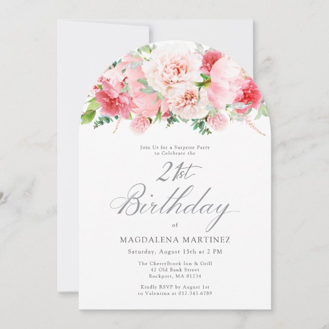SURPRISE PARTY 21st Birthday Elegant Pink Peony Invitation (Front)