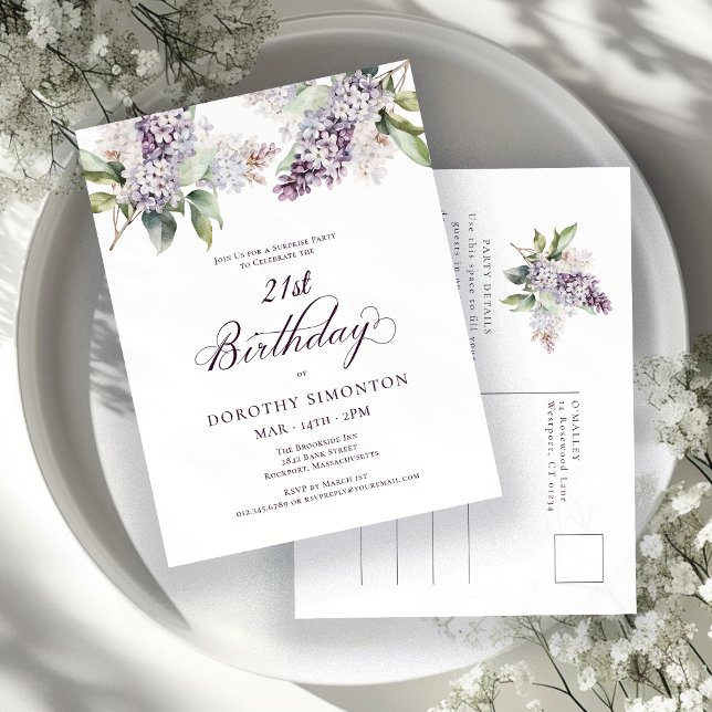 SURPRISE PARTY 21st Birthday Purple Lilac Floral Invitation Postcard (Creator Uploaded)