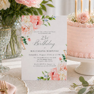 SURPRISE PARTY 25th Birthday Feminine Pink Floral Invitation