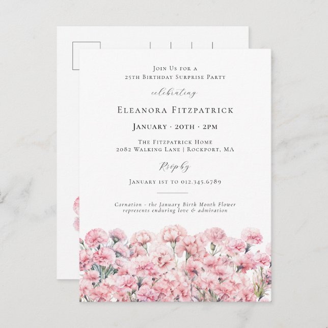 SURPRISE PARTY 25th Birthday January Birth Flower Invitation Postcard (Front/Back)