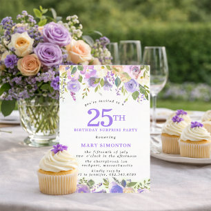 SURPRISE PARTY 25th Birthday Pretty Purple Floral Invitation
