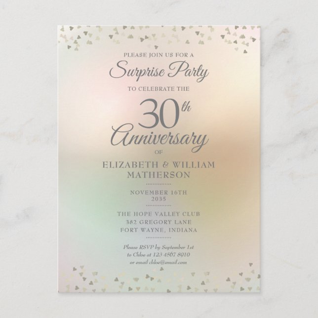 Surprise Party 30th Anniversary Hearts Confetti  Postcard (Front)