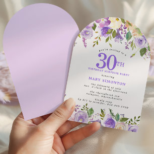 SURPRISE PARTY 30th Birthday Purple Floral Arch Invitation