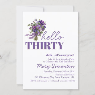 SURPRISE PARTY 30th Birthday Purple Floral Bouquet Invitation