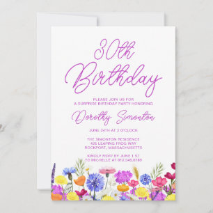 SURPRISE PARTY 30TH Birthday Purple Wildflower Invitation