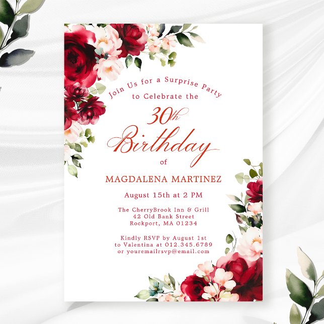 SURPRISE PARTY 30th Birthday Red Pink Floral Invitation (Creator Uploaded)