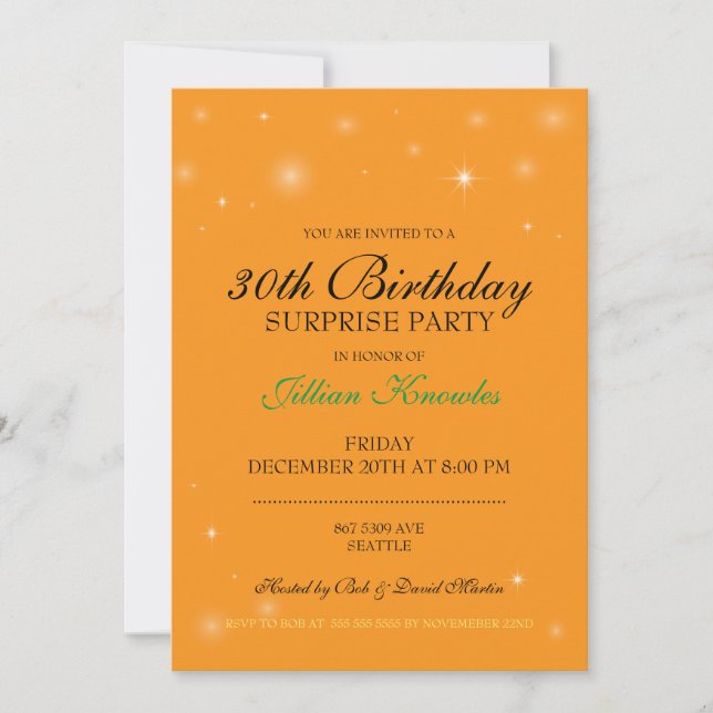 Surprise Party 30th Orange Citrine Orbs Stars Invitation (Front)