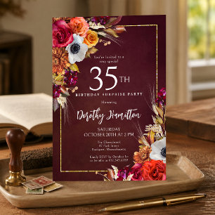 SURPRISE PARTY 35th Birthday Burgundy Fall Flowers Invitation