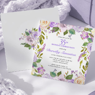 SURPRISE PARTY 35th Birthday Purple Floral Square Invitation