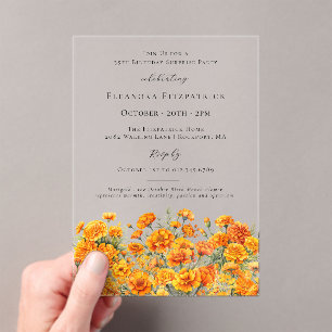 SURPRISE PARTY 35th Marigold October Birth Flower Acrylic Invitations