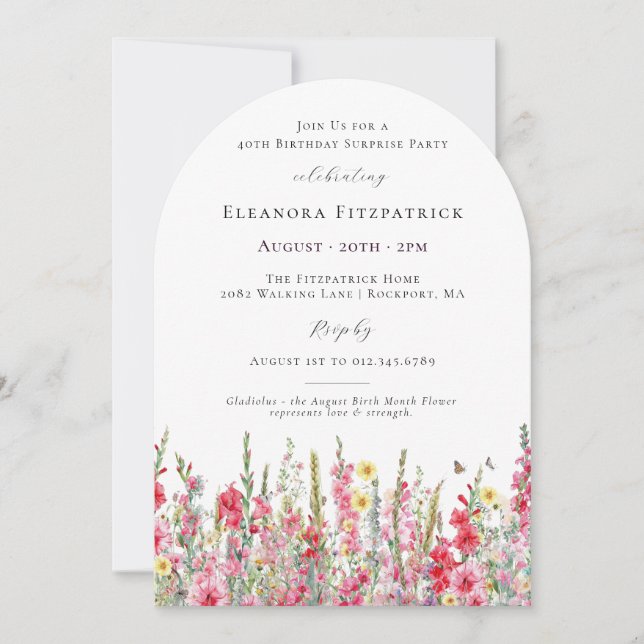 SURPRISE PARTY 40th Birthday August Birth Flower Invitation (Front)