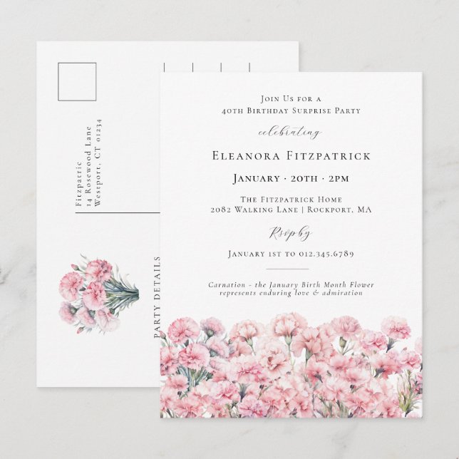 SURPRISE PARTY 40th Birthday January Birth Flower Invitation Postcard (Front/Back)