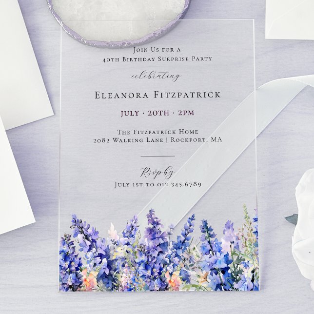 SURPRISE PARTY 40th Birthday July Birth Flower Acrylic Invitations (Creator Uploaded)