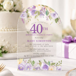 SURPRISE PARTY 40th Birthday Purple Floral Clear Acrylic Invitations