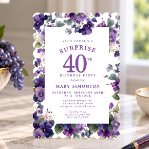 SURPRISE PARTY 40th Birthday Purple Violet Floral Invitation