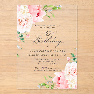SURPRISE PARTY 45th Birthday Pink Peony Floral Acrylic Invitations