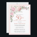 SURPRISE PARTY 50th Birthday Pink Rose Floral  Invitation<br><div class="desc">Honour a special woman with this elegant and feminine 50th Birthday party invitation. 50th is written in large pink text. Birthday Surprise Party follows. The honoured guest's name is also in pink capital letters. Blush pink roses and sage green leaves create a beautiful floral spray at the top. While it...</div>