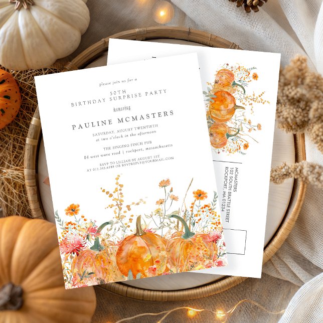 SURPRISE PARTY 50th Birthday Pumpkin Wildflower Invitation Postcard (Creator Uploaded)