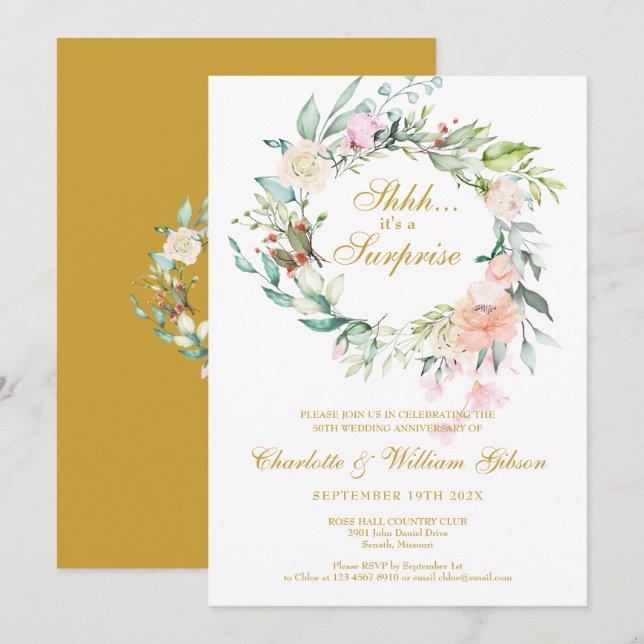 Surprise Party 50th Wedding Anniversary Floral Invitation (Front/Back)