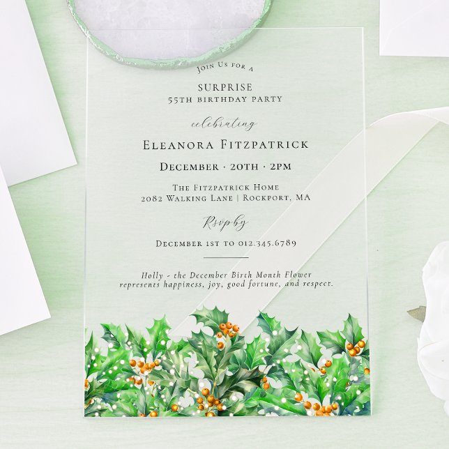 SURPRISE PARTY 55th Birthday Holly December Acrylic Invitations (Creator Uploaded)