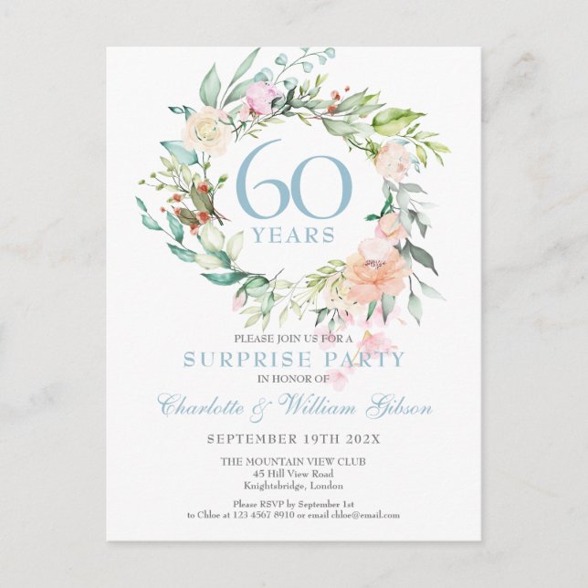 Surprise Party 60th Anniversary Roses Floral Announcement Postcard (Front)