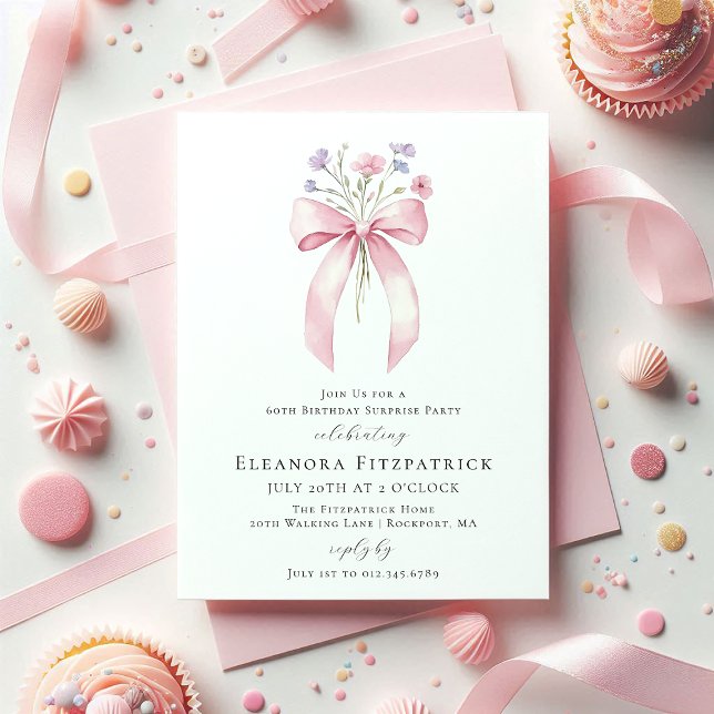 SURPRISE PARTY 60th Birthday Bow Wildflower Invitation (Creator Uploaded)