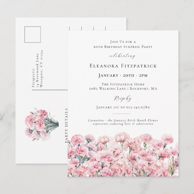 SURPRISE PARTY 60th Birthday January Birth Flower Invitation Postcard (Front/Back)