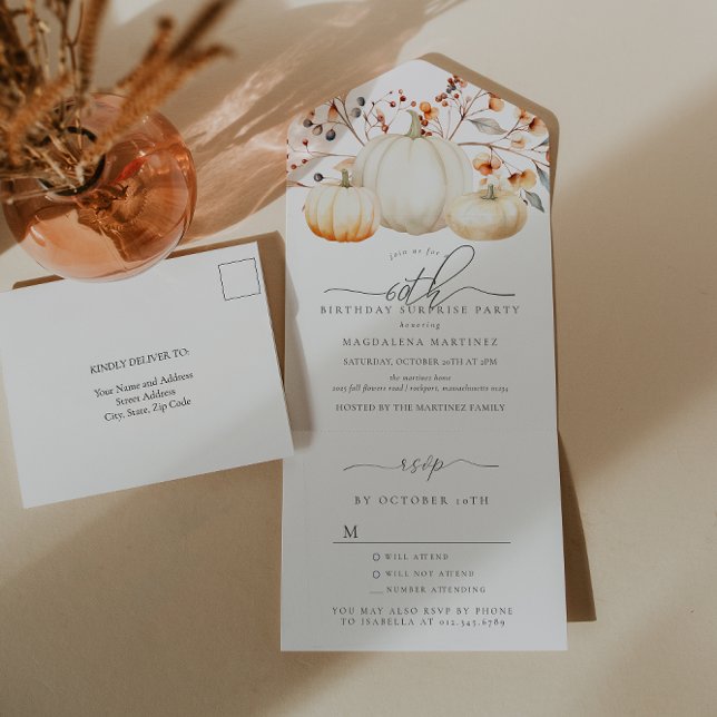 SURPRISE PARTY 60th Birthday Pumpkin Fall Leaves All In One Invitation (Creator Uploaded)